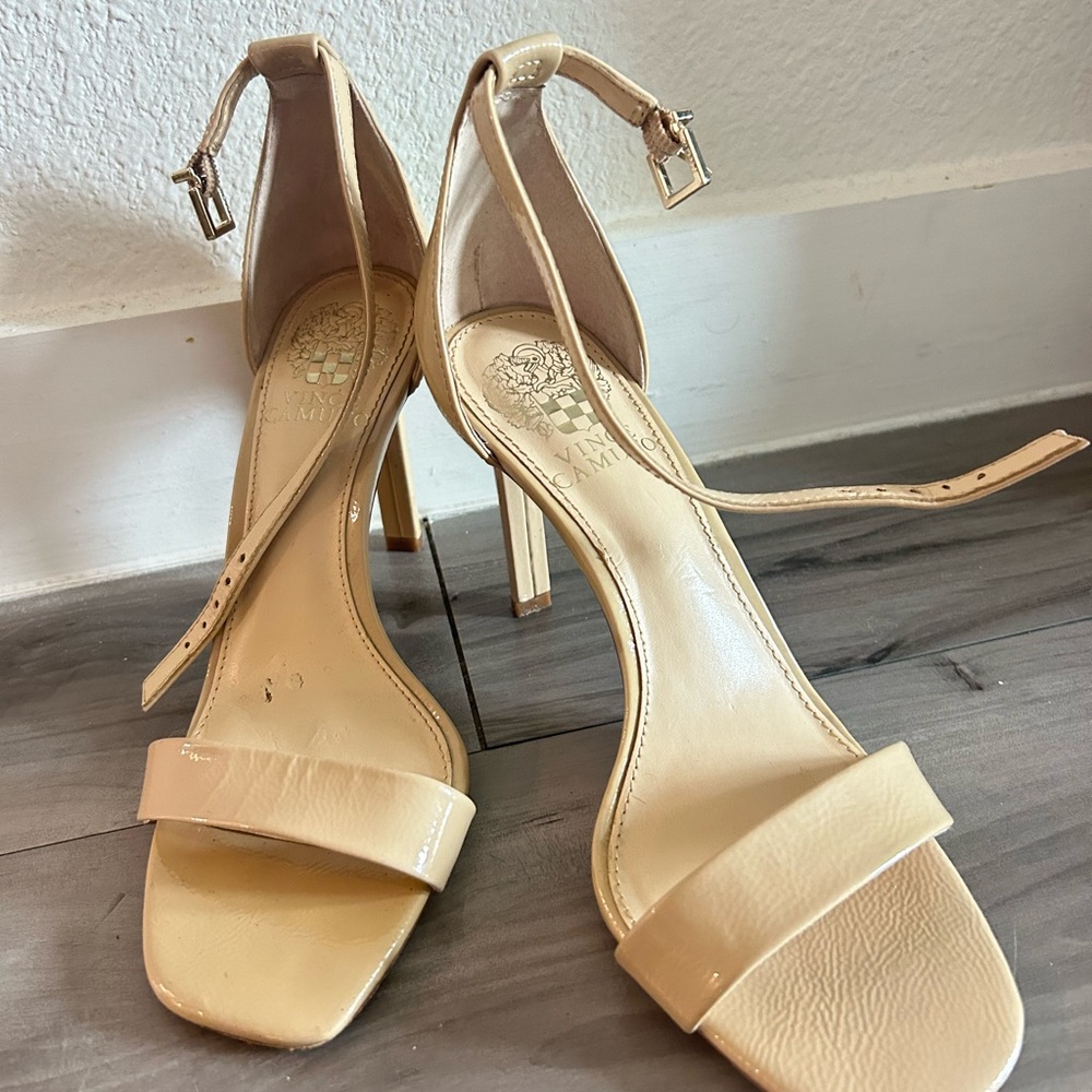 Vince Camuto Beige Patent-Ankle Strap Stiletto Sandals